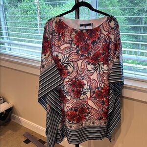 Badgley Mischka Red Floral and Blue Striped Midi Dress